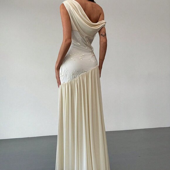 Apricot Elegant Women's Off Shoulder Mesh Floral Embroidered Maxi Dress - Picture 3 of 10